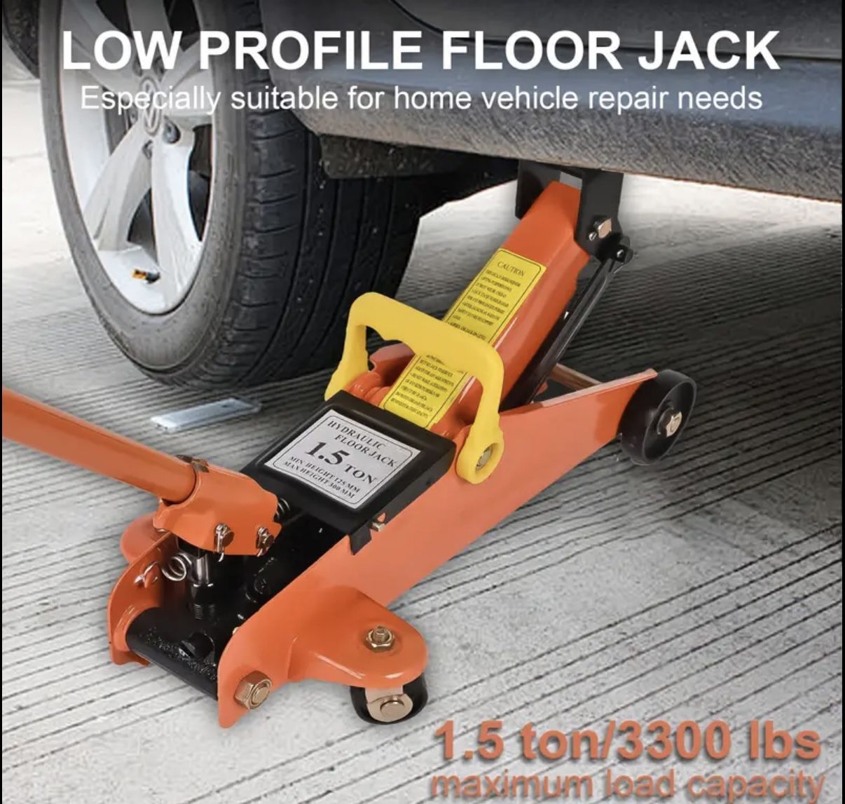 Heavy-Duty Hydraulic Floor Jack 1.5 Ton Low Profile Steel Jack for Car & Garage Orange