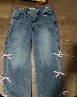 Rise Acid Wash Jeans with Bow Detail