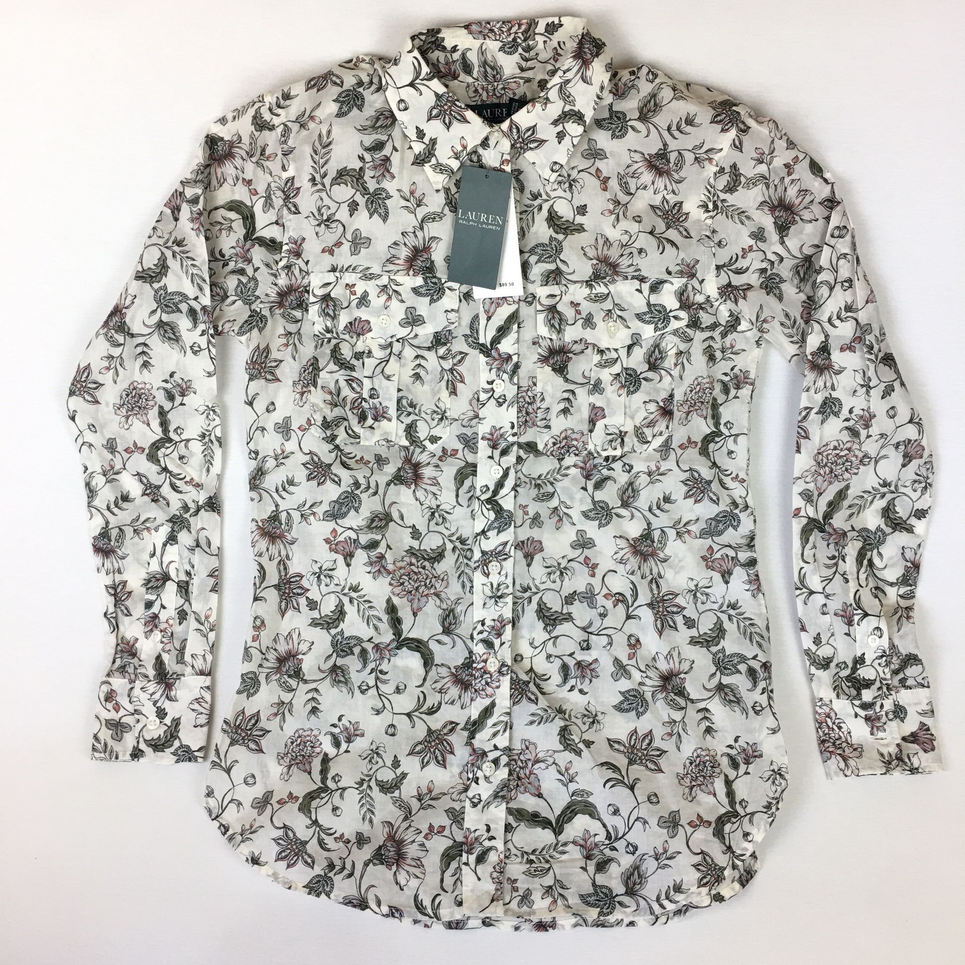 Lauren Ralph Lauren Shirt Floral Button Front Long Sleeve Semi Sheer Cream Women’s Sz XS NWT