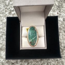 Vintage Genuine Turquoise Oval Statement Ring – Sterling Silver Two-Tone Southwestern Style