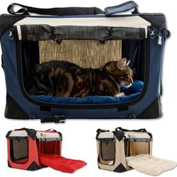 Extra Large Cat Carrier 20"x13"x13" & 24"x16"x16" Soft-Sided, Blue/Red/Tan, Foldable, Plush Cushion, Scratch Pad, Lightweight Pet Crate for Cats & Dog