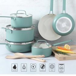 Martha Stewart Emmeline Premium Nonstick PFA Free Ceramic Interior 12 Piece Heavy Gauge Enamel Aluminum Pots and Pans Cookware Set - Teal