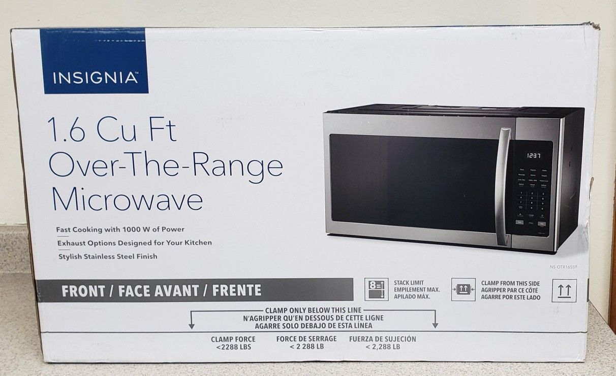 New Insignia 1.6 Cu. Ft. over range microwave- stainless steel