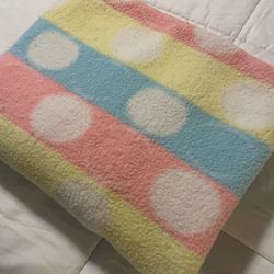 Vintage Chenille Baby Blanket Satin Trim Pastel Polka Dot Crib 40x32