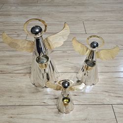 Silver Plated Gold Tone Angel Candle Holders  Vintage Set of 3 Christmas Holiday Home Decor / Set of 3