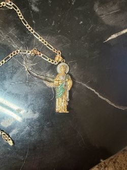 14K Gold San Judas Tadeo Pendant with Figaro Chain