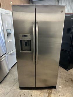 Stainless steel GE side-by-side water ice can deliver GE Profileâ„¢ Series 21.9 Cu. Ft. Counter-Depth Side-By-Side Refrigerator Retail price around $110