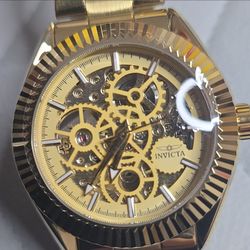 Invicta Men's Automatic Skeleton Dial Gold Tone Watch 43mm Fluted Bezel  69752