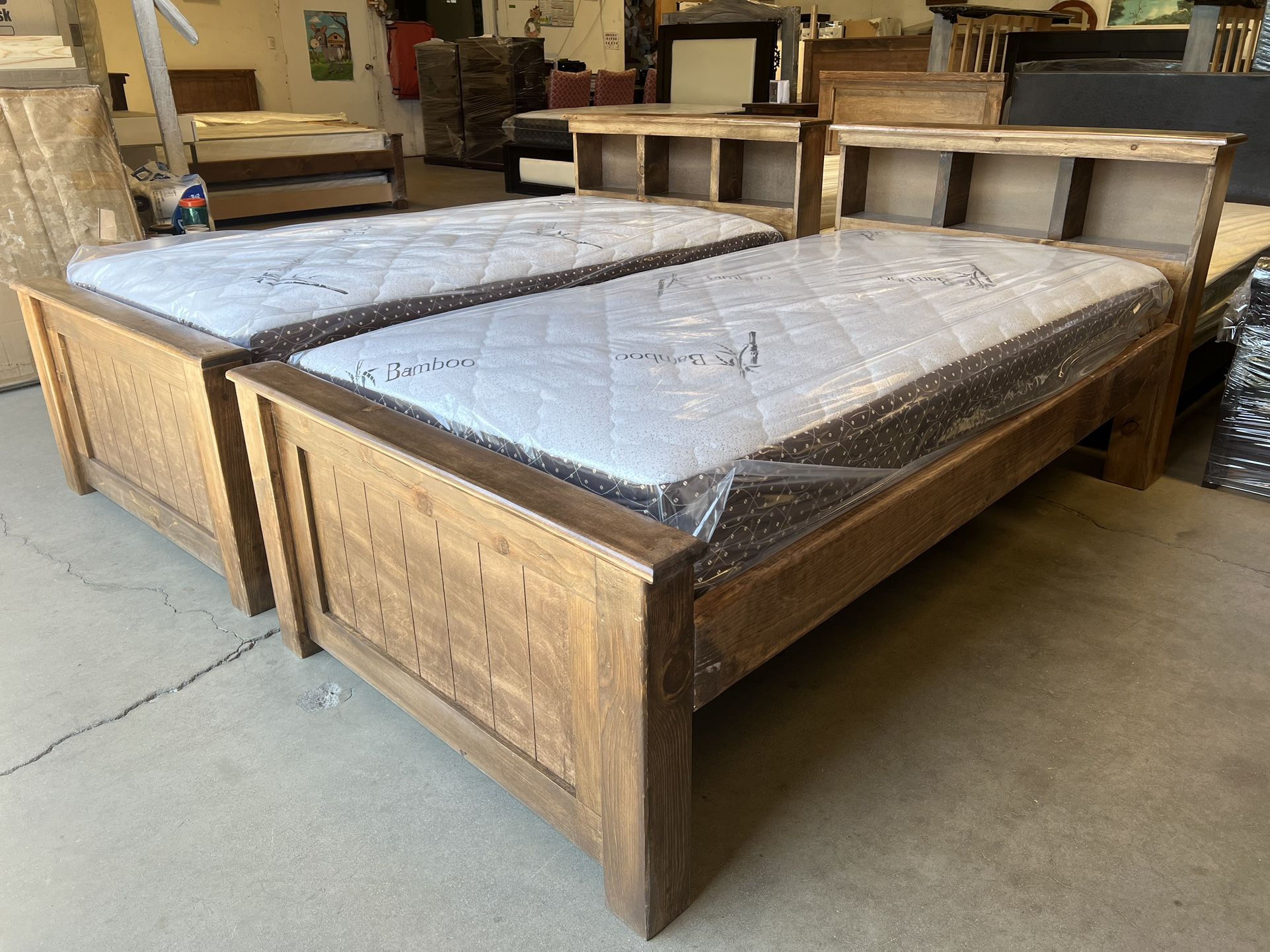 2 Brown Twin Bookcase Beds And Mattresses