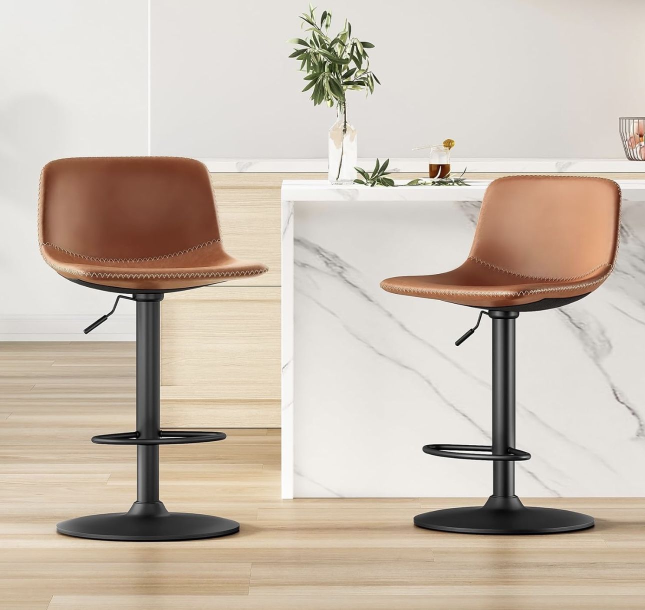 New Adjustable Bar Stools Set of 2, Industrial Bar Height Stools, Counter Height Bar Stools with Back Support Modern Swivel Bar Chairs Pu Leather 