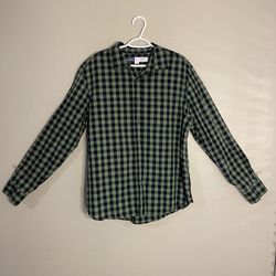 OLD NAVY EVERYDAY SHIRT XL BUILT-IN FLEX Men's Dark Green Blue Plaid Button Down