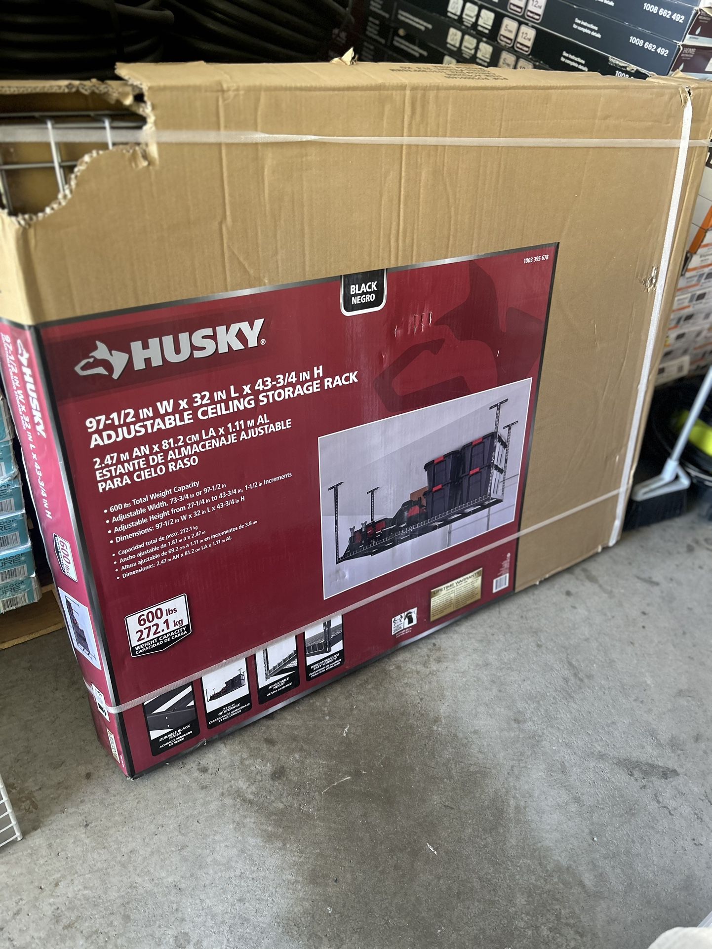 Husky Adjustable Height Metal Heavy-Duty Overhead Garage Storage Rack in Black