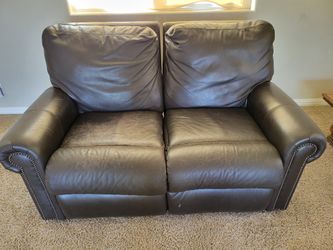 FREE Brown Leather Reclining Loveseat – Nailhead Trim – Worn but Comfy