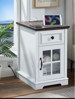 See all the pictures Farmhouse end table living room, White Side Table with Charging Station