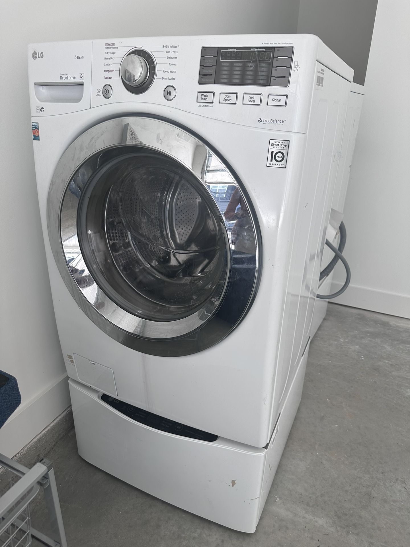 LG Frontal Load Washer & Dryer w/ Washer Pedestal and Storage