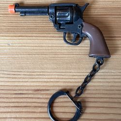 Vintage Mini Metal Black/Brown Toy Revolver Cap Gun Keychain Rare