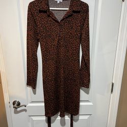 Women’s Gilli Large L Leopard Print Dress Mid Calf Tie waist Belt Long Sleeve