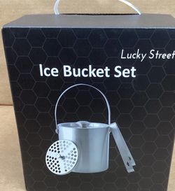 Lucky Street Stainless Steel Insulated Ice Bucket w/ Lid, Tongs, Strainer