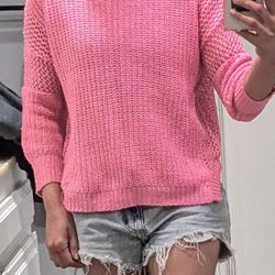 T/O Hot Pink Hand Knit Rib-Knit Sweater Large. Drop Shoulder, Pullover. Stylish Chic! Must have Casuals !

