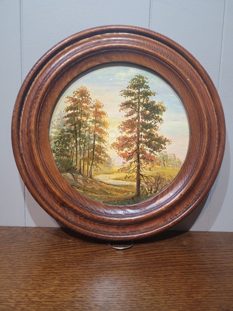 Vintage Unsigned Round Oil on Board Autumn Landscape Painting - Framed Birch Grove with Sunset Path, Mid-Century Folk Art