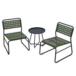 Kinger Home 3-Piece Outdoor Patio Bistro Table and Chairs Set of 2, Rattan Wicker Cast Aluminum Patio Furniture, Green