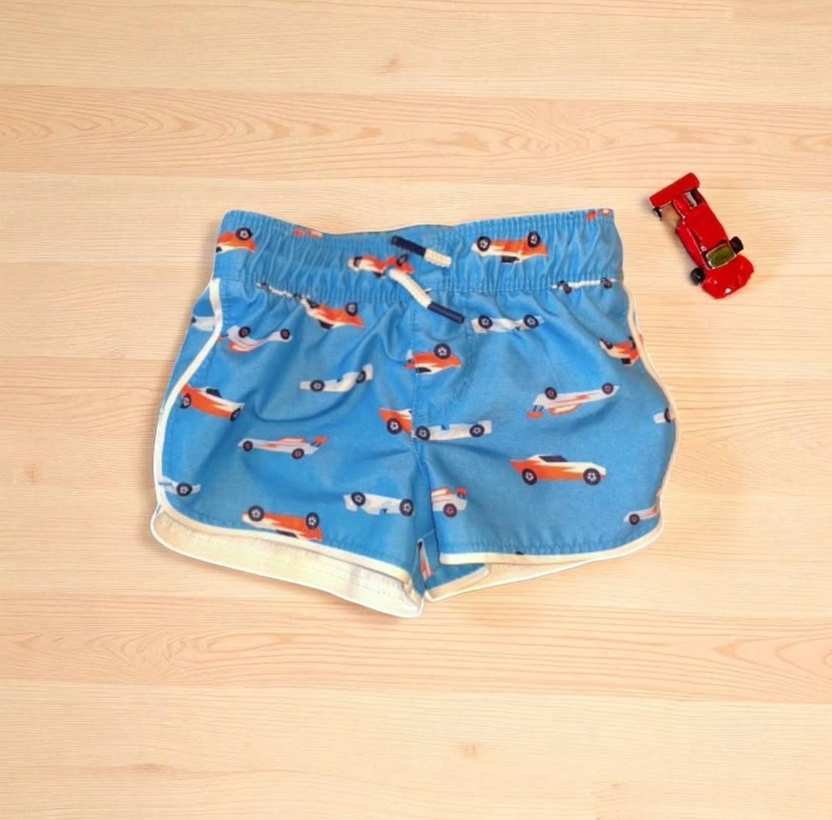 Baby Boy's Fun Red Racecar Blue Swim Trunks. Size 12 Months.