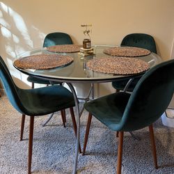 Modern Round Glass Dining Table Set + 4 Velvet Chairs – Apartment Perfect - Excellent Condition – $320 OBO