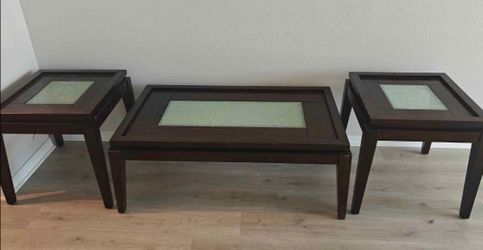 Dark Wood Coffee & End Table Set with Frosted Glass Inlays