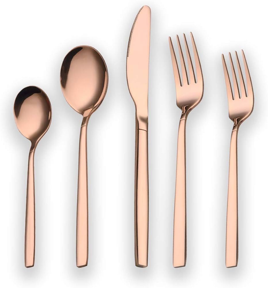 20 Piece Titanium Rose Gold Plated Stainless Steel Flatware Set, 20 Pieces Copper Silverware Set, Copper Color Cutlery Sets, Service for 4 (shiny Copp