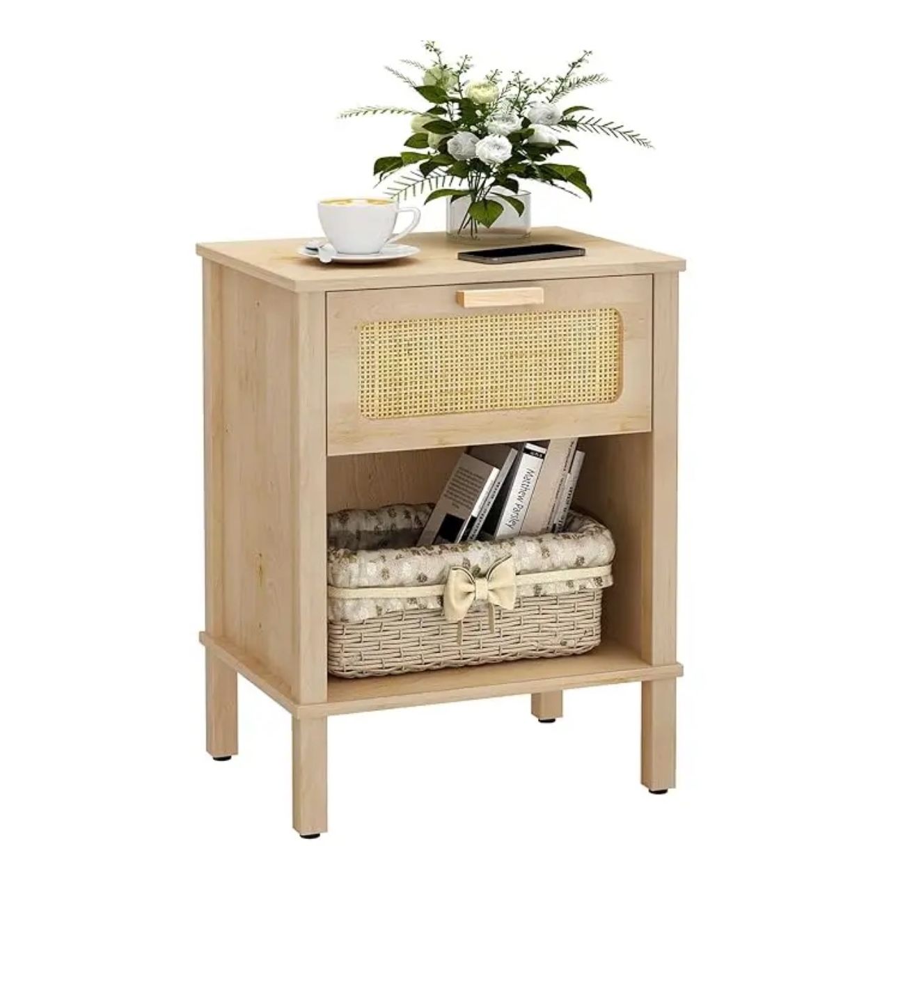Rattan Nightstand, Boho Bedside Table,End Table with Drawer, Rattan Furniture,Rattan Nightstand with Boho Desk for Living Room,Bedroom,Small Space Nat