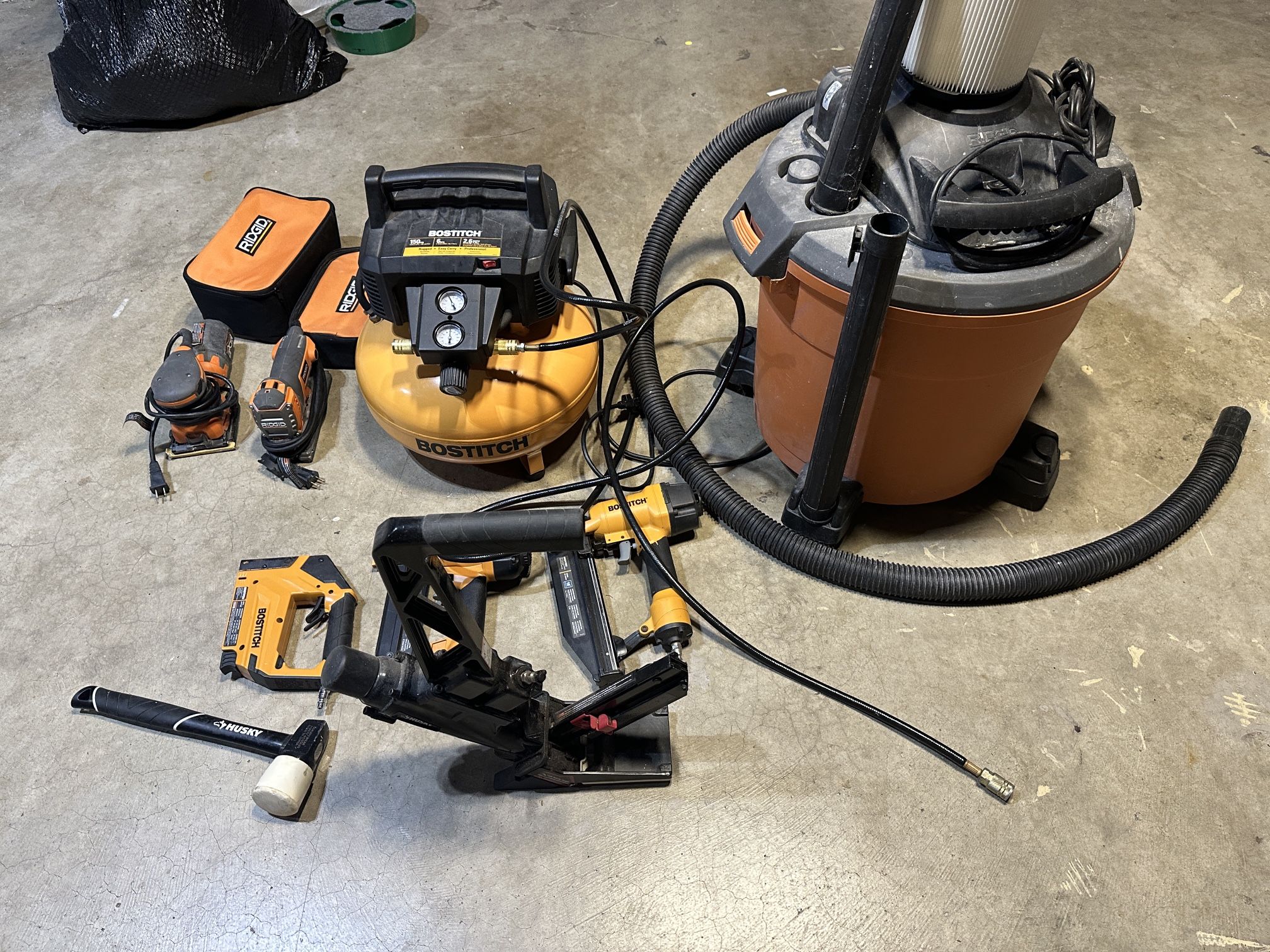 Air Compressor Combo Kit, Husky Floor Nailer With Mallet, Ridgid Sander, Ridgid Jigsaw, Ridgid Shop Vac