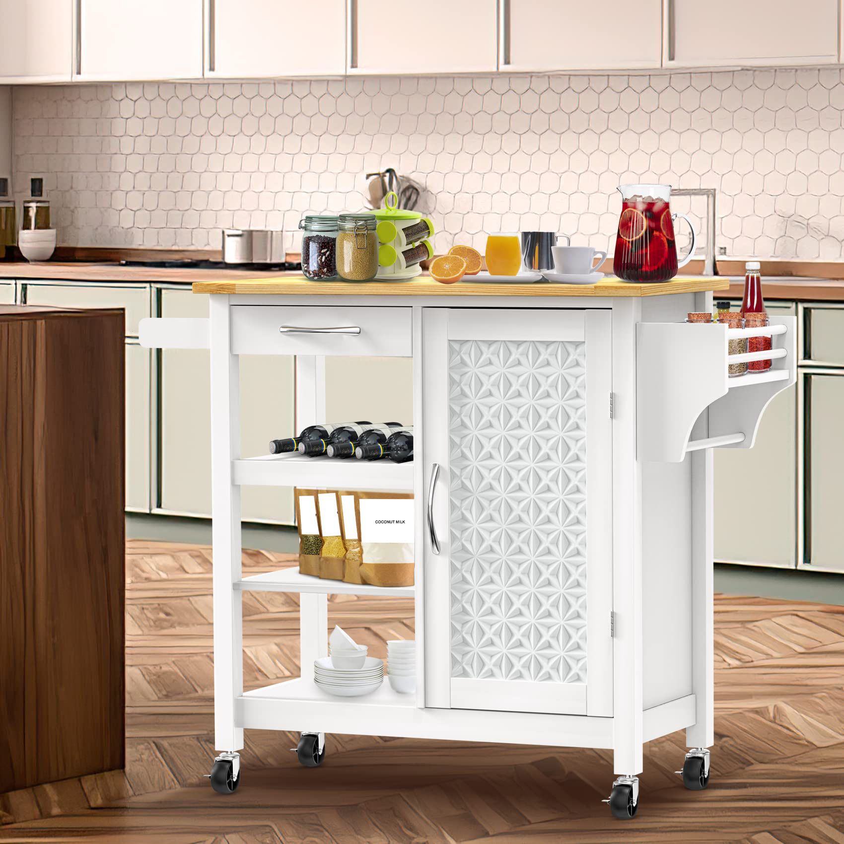 Codesfir Kitchen Island on Wheels with Storage Drawer and Cabinet, Rolling Kitchen Cart with Open Shelves, Rubber Wood Tabletop and Towel Rack, Glass 