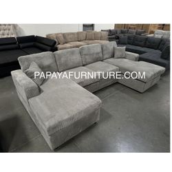 New!Grey 120”L Double Chaise Sectional Sofa, Corduroy Sectional, U-Shaped Sectional, Grey Sectional With Chaise, Soft Plush Sectional,Sofa,Sectional C