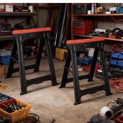 New In Box Folding Heavy Duty Saw Horses 2 Pack, Weather Resistant Plastic