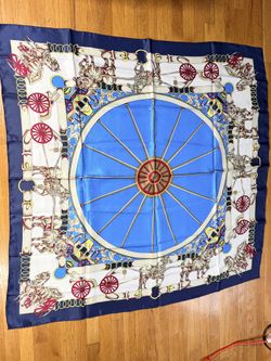 Vintage Equestrian Horse Carriage Wheel Scarf 34" Square Navy Blue Red Gold