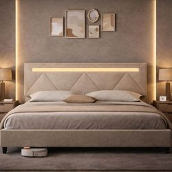 King size bed frame with LED Headboard, Upholstered Platform, Charging Station, beige D-42