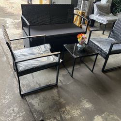 Patio Furniture 4 Pieces Conversation Sets Outdoor Wicker Rattan Chairs Garden Backyard Balcony Porch Poolside loveseat with Soft Cushion and Glass Ta