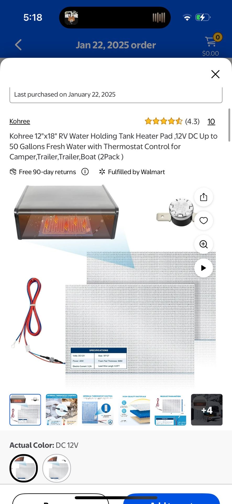 Kohree 12"x18" RV Water Holding Tank Heater Pad ,12V DC Up to 50 Gallons Fresh Water with Thermostat Control for Camper,Trailer,Trailer,Boat (2Pack )