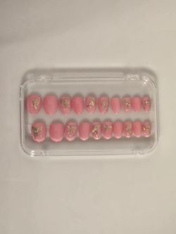 Pink Press-On Nails with Butterfly + Press On Kit - Size Large - XS Short Almond Shape