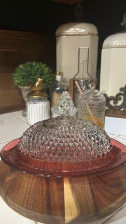 Vintage Indiana Glass covered butter dish in the Diamond Point pattern with a Ruby Flash red band.
