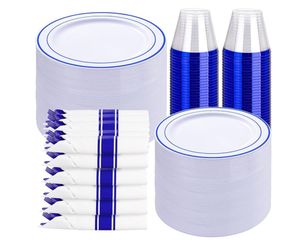 WELLIFE 350 Pcs Blue Plastic Plates for 50 Guests - Plastic Dinnerware Set,Party Supplies Includes 100 blue plates,150 Silverware,50 Napkins,50 Cups,B