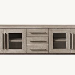 RH MACHINTO GLASS 4-DOOR 100” MEDIA CONSOLE WITH DRAWERS • GRAY OAK • PEWTER
