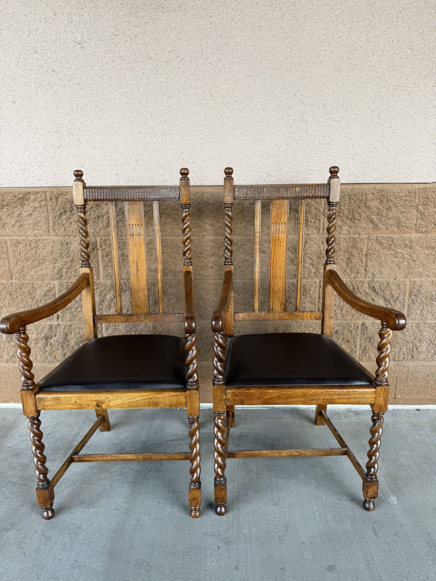 Pair Of Antique Solid Oak High Back Chairs, Lift Out Seats, Scotland 1920
