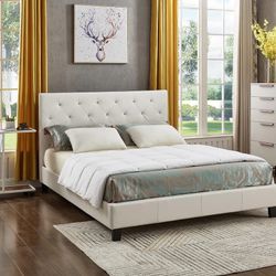 Brand New In Box Full Size White PU Upholstered Bed With Mattress. Assembly Required, We Can Deliver, Cama Con Colchon.