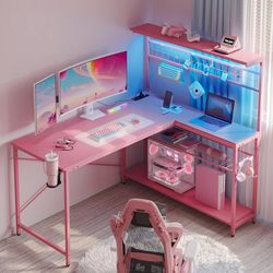 Bestier Gaming Desk 51" L-Shaped, with Power Outlets & LED Lights- 4 Tier Shelves, Reversible Gamer Table with Hooks & Cup Holder for Home Office Carb