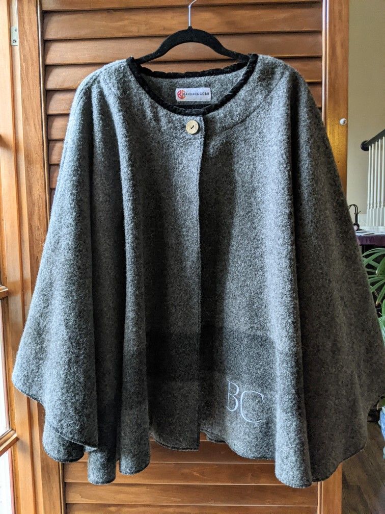 Vtg Barbara Cobb Gray 1 Button Poncho Cape Overcoat