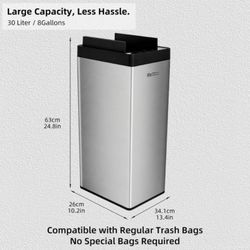 8 Gallon Smart Sensor Trash Can for Kitchen, 30L Matte Stainless Steel Butterfly Lid Bin with Vacuum Auto-Bagging Technology  【Vacuum Auto-Bagging Tec
