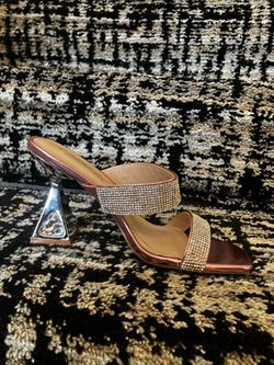 Taupe clear heel pointed toe slid ins, also in silver and black. 61/2 and size 9.