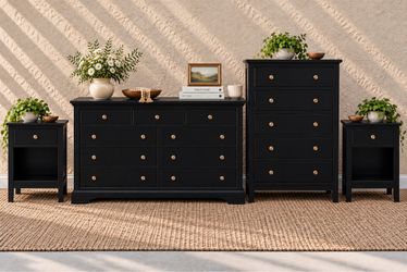 Black 4-Piece Bedroom Set | 9-Drawer Dresser, Tall Chest & Nightstands