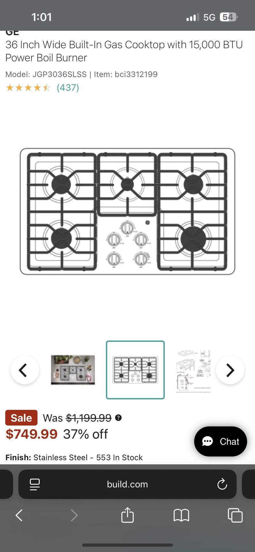36 Inch Wide Built-In Gas Cooktop with 15,000 BTU Power Boil Burner